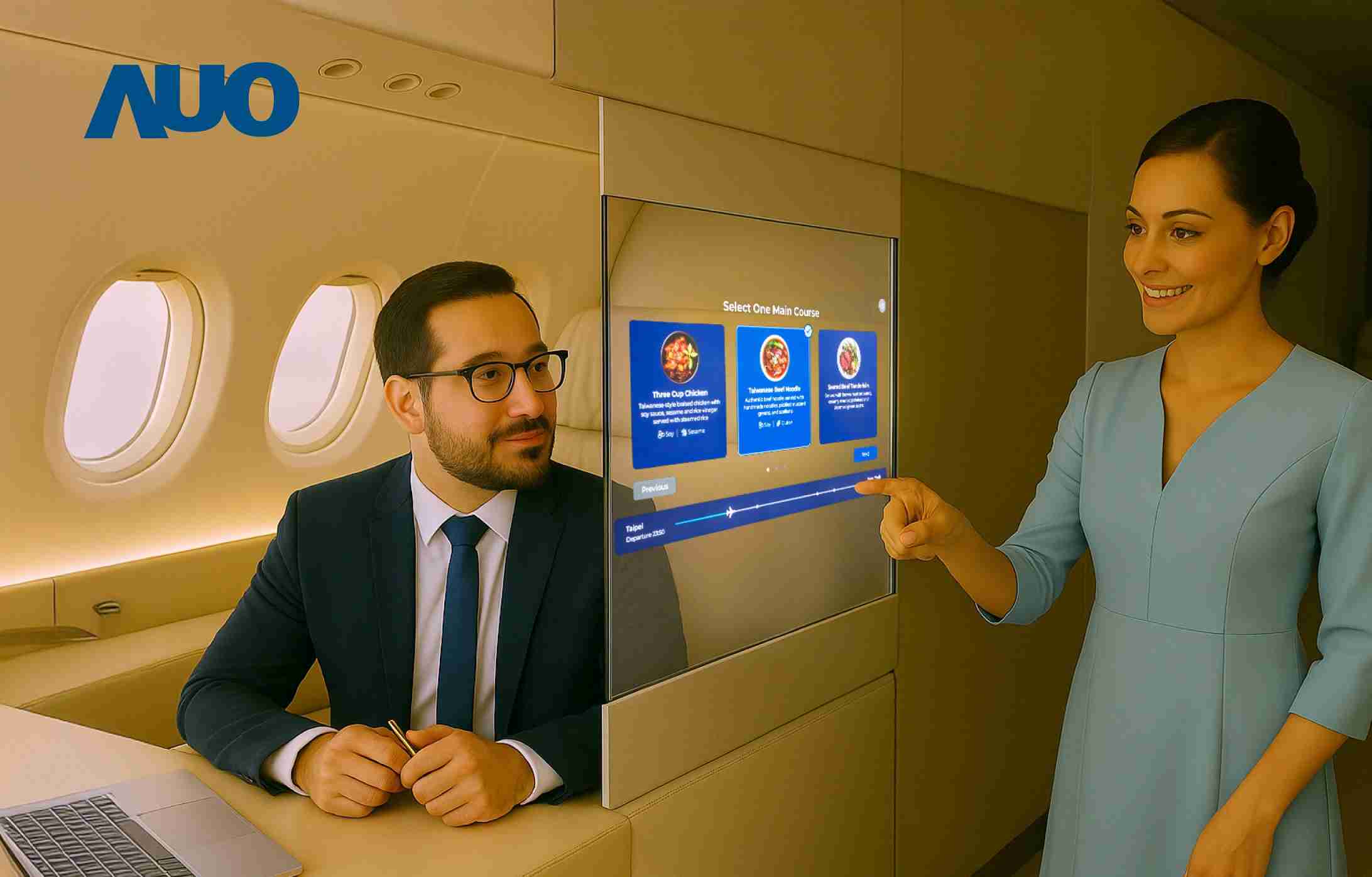 万利研发全球最薄17.3 吋双面透明 Micro LED 显示器，，可在同一屏幕之双边投射不同信息，，创造独特的”透明化”互动；图为实时翻译交流应用情境